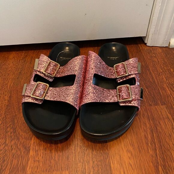 Birkenstock Glitter double-buckle Flat Sandals | Silver  Givenchy Swiss glitter Double Buckle Sandals- Birkenstocks